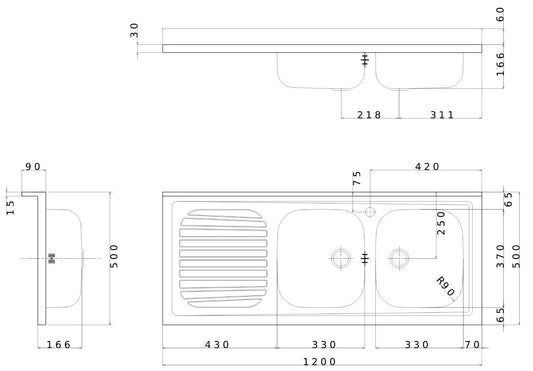Negrari Vasche Inox 12050SX Lavello ad Incasso Lavandino per Cucina in Acciaio Misura 120x50 H16,6 cm Con Gocciolatoio Appoggio Ripiano a Sinistra e 2 Vasche a Destra Con Sifone Autopulente Completo di Piletta e Troppopieno