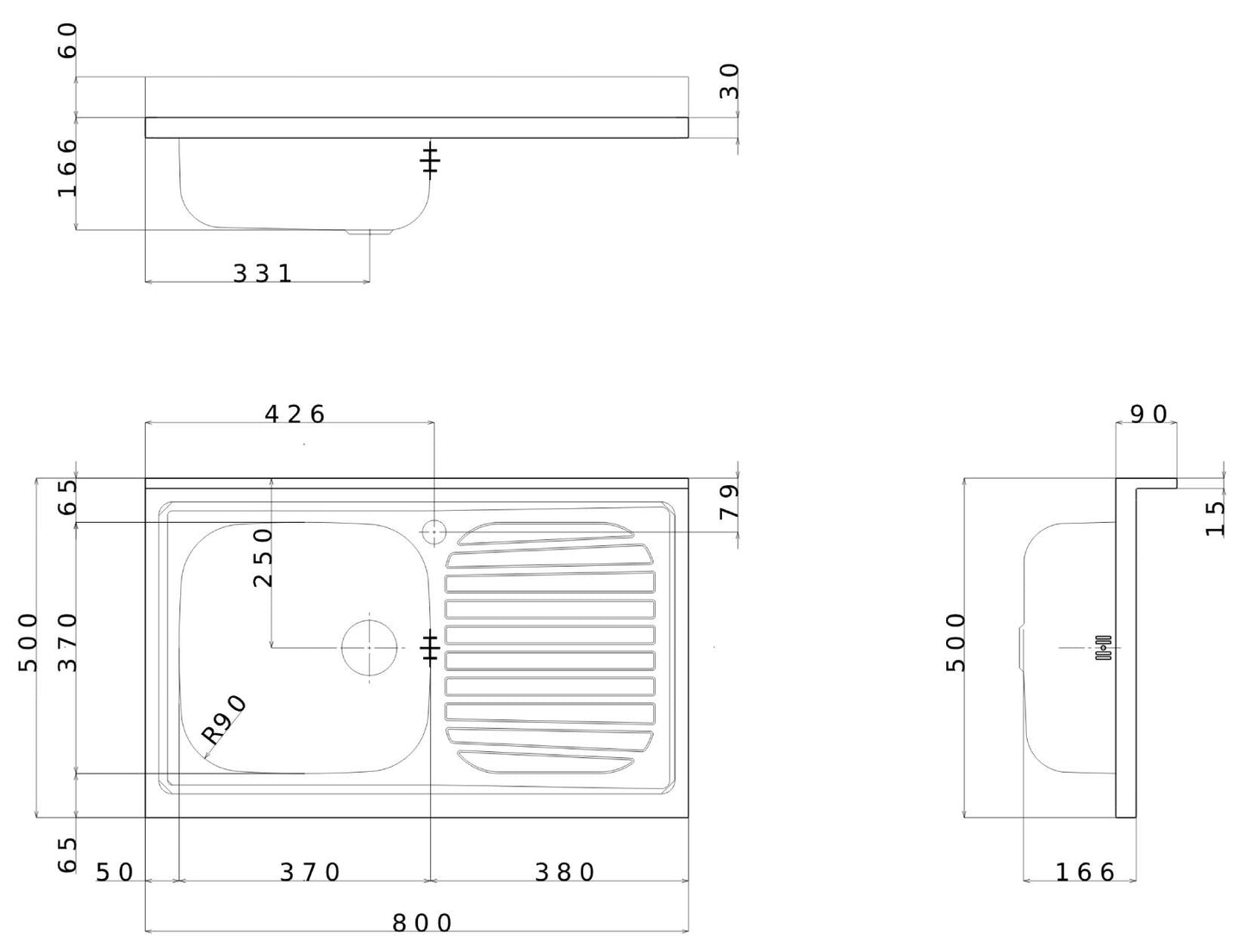 Negrari Vasche Inox 8050DX Lavello per Cucina in Acciaio Misura 80x50 H16,6 cm Con Gocciolatoio Appoggio Ripiano a Destra e 1 Vasca a Sinistra Con Sifone Autopulente Completo di Piletta e Troppopieno