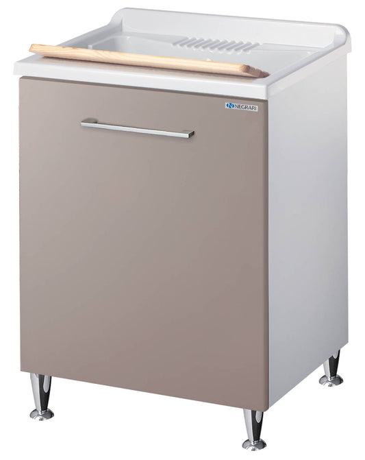 Negrari Vincente 3002RSG Lavatoio Bianco e Grigio Pietra 60x50 H85 cm Mobile Lavanderia Montato Nobilitato Idrofugo Per Interno Anta Angoli Stondati Apertura a Ribalta Vasca Polipropilene Asse Legno Cestone Portabiancheria Estraibile Sifone Piletta Piedi