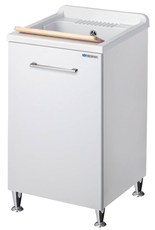 Negrari Vincente 3006R Lavatoio Bianco Lucido 45x50 H85 cm Mobile Lavanderia Montato Nobilitato Idrofugo Per Interno Anta Angoli Stondati Apertura a Ribalta Vasca Polipropilene Asse Lavaggio Legno Cestone Portabiancheria Estraibile Sifone Piletta Piedi