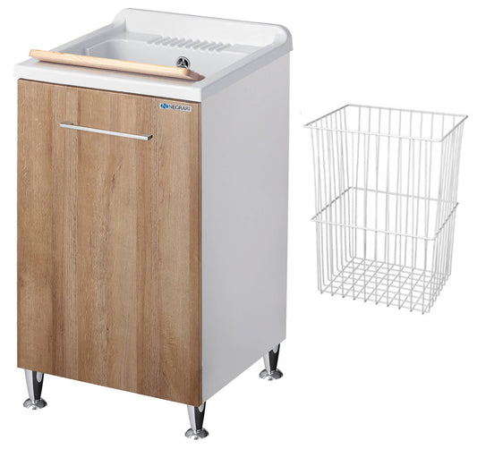 Negrari Vincente 3006RLE Lavatoio Legno Natural 45x50 H85 cm Mobile Lavanderia Montato Nobilitato Idrofugo Per Interno Anta Angoli Stondati Apertura a Ribalta Vasca Polipropilene Asse Lavaggio Legno Cestone Portabiancheria Estraibile Sifone Piletta Piedi
