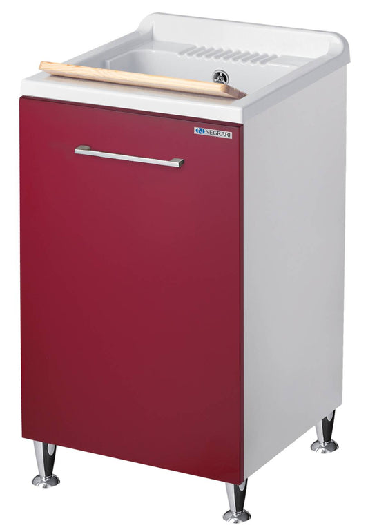 Negrari Vincente 3006RR Lavatoio Bianco e Rosso 45x50 H85 cm Mobile Lavanderia Montato Nobilitato Idrofugo Interno Anta Angoli Stondati Apertura Ribalta Vasca Polipropilene Asse Lavaggio Legno Cestone Porta Biancheria Estraibile Sifone Piletta Piedi