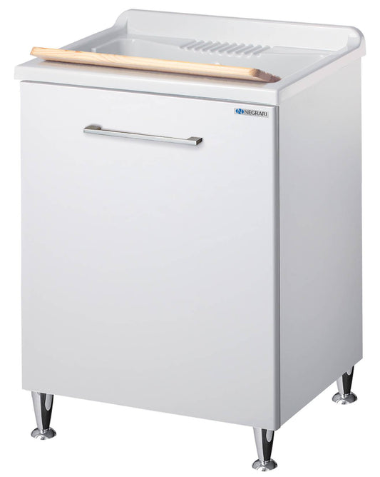 Negrari Vincente 3007R Lavatoio Colore Bianco Lucido 60x60 H85 cm Mobile Lavanderia Montato Nobilitato Idrofugo Interno Anta Angoli Stondati Apertura a Ribalta Vasca Polipropilene Asse Lavaggio Legno Cestone Portabiancheria Estraibile Sifone Piletta Piedi