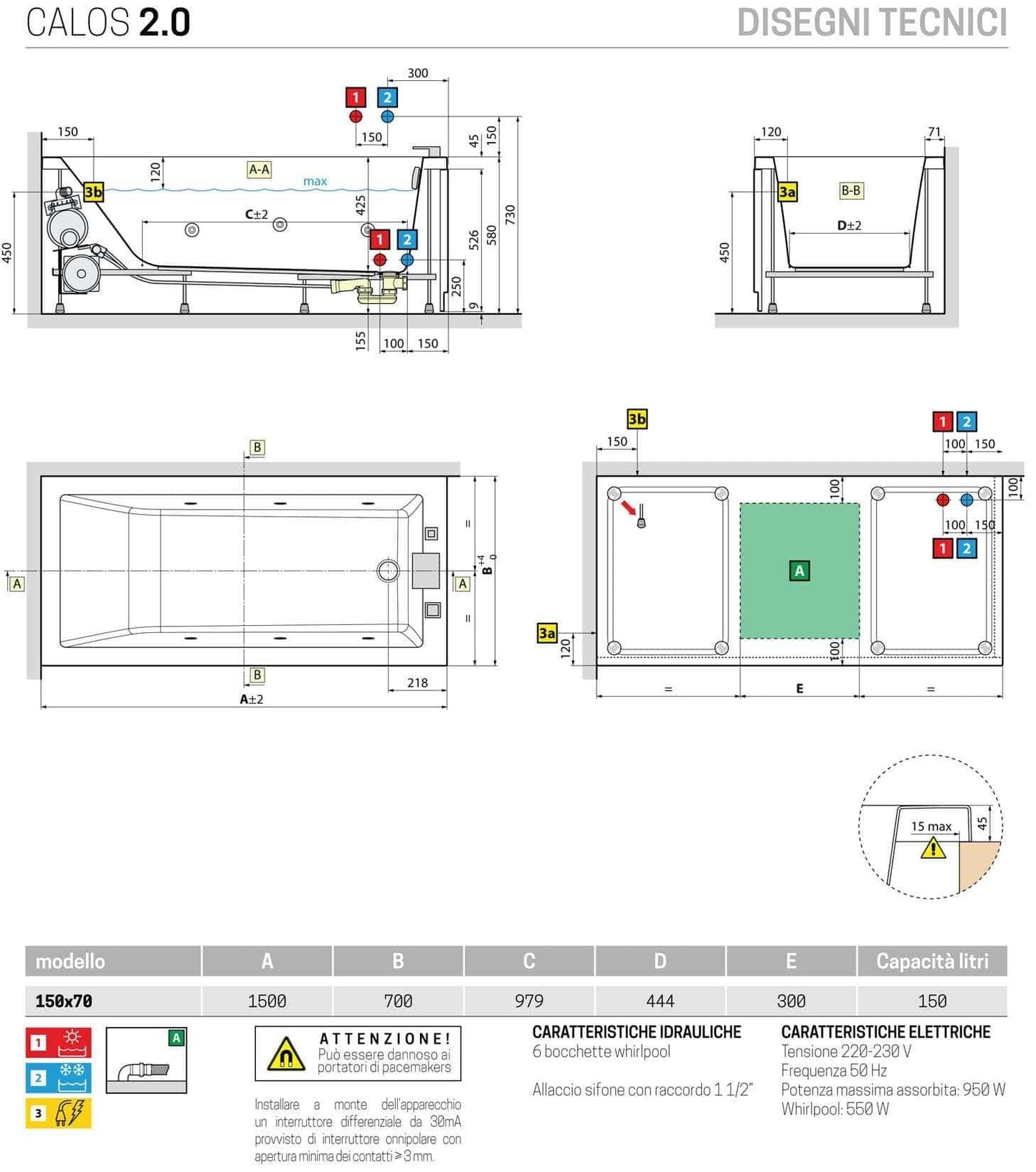 Novellini Calos 2.0 Vasca da Bagno Versione Hydro Disinfezione Idro Whirlpool 6 Getti Misura 150x70 cm Installazione Reversibile Forma Rettangolare 1 Pannello Frontale 1 Laterale Materiale Acrilico Colore Bianco Lucido Colonna Rubinetto Cuscino Display