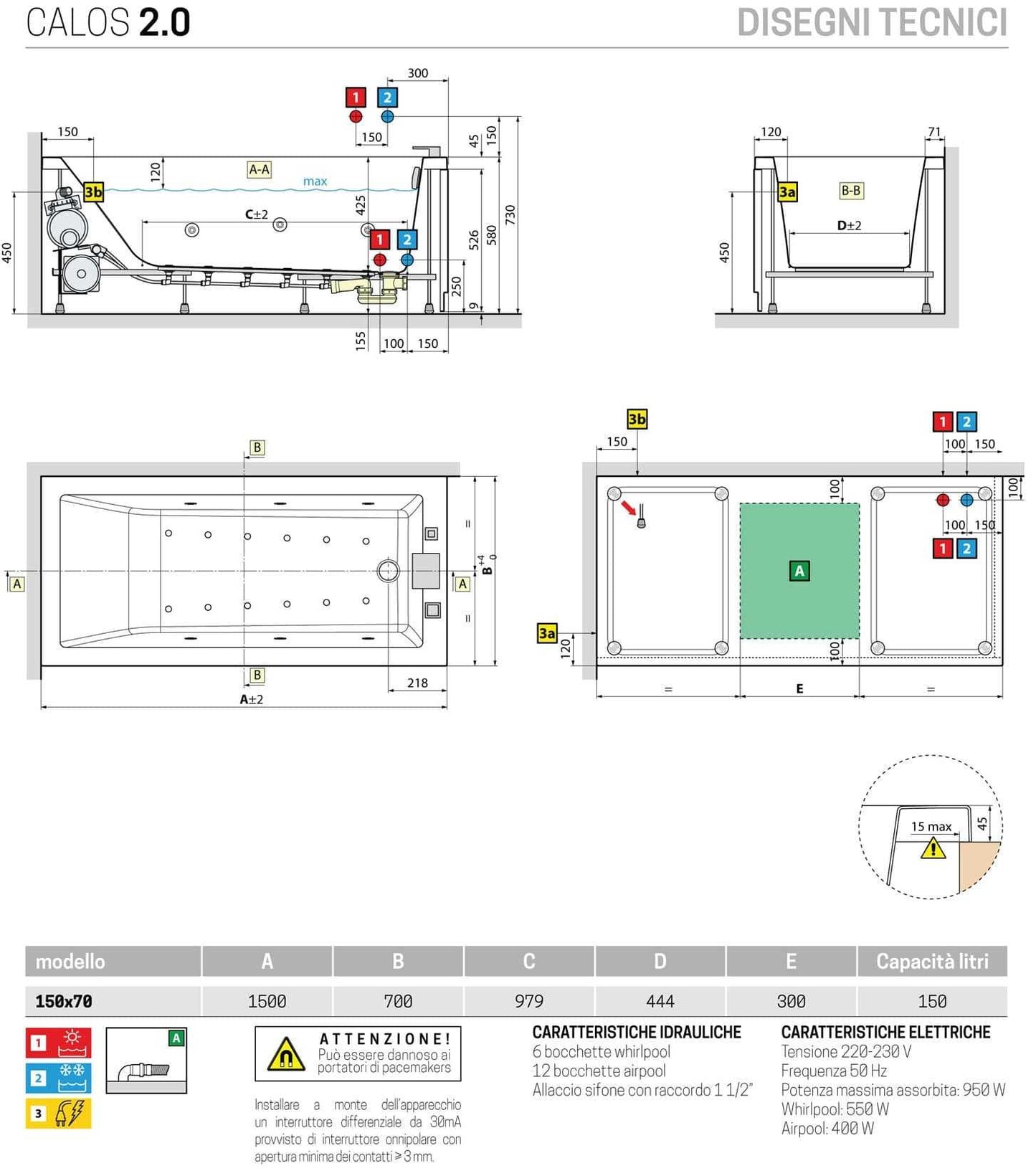 Novellini Calos 2.0 Vasca da Bagno Versione Hydro Plus Idro Whirlpool 6 Getti Disinfezione Airpool 12 Jets Misura 150x70 cm Installazione Reversibile Forma Rettangolare 2 Pannelli Materiale Acrilico Colore Bianco Lucido Colonna Rubinetto Cuscino Display