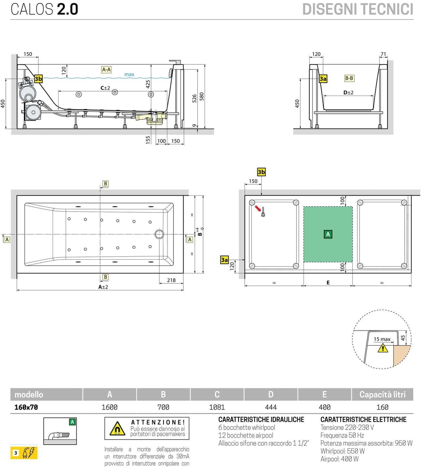 Novellini Calos 2.0 Vasca Bagno Versione Hydro Plus Idromassaggio Whirlpool 6 Getti Disinfezione Airpool 12 Jets Misura 160x70 cm Installazione Reversibile Forma Rettangolare 2 Pannelli Materiale Acrilico Colore Bianco Lucido Colonna Poggiatesta Display
