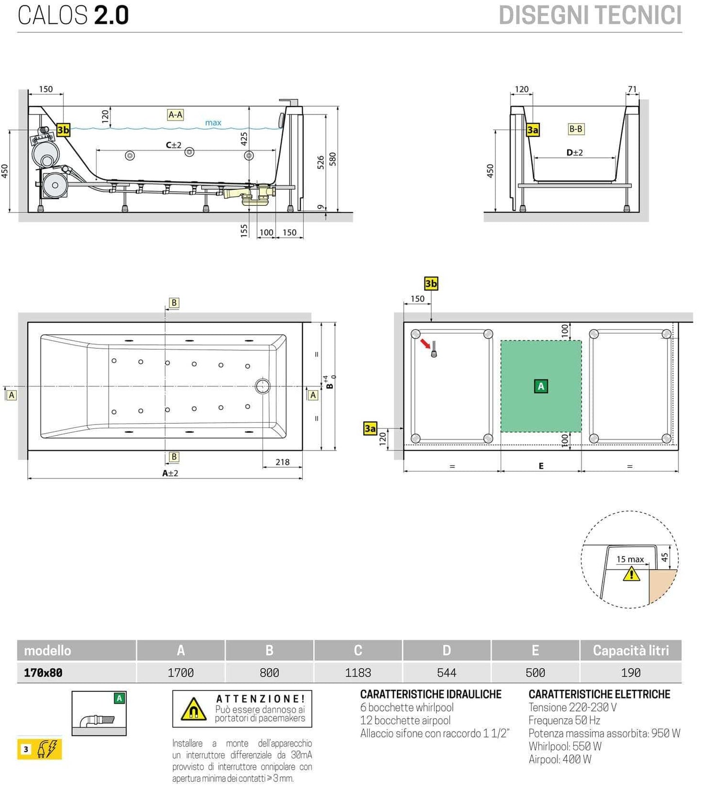 Novellini Calos 2.0 Vasca Bagno Versione Hydro Plus Idromassaggio Whirlpool 6 Getti Disinfezione Airpool 12 Jets Misura 170x80 cm Installazione Reversibile Forma Rettangolare 2 Pannelli Materiale Acrilico Colore Bianco Lucido Colonna Poggiatesta Display