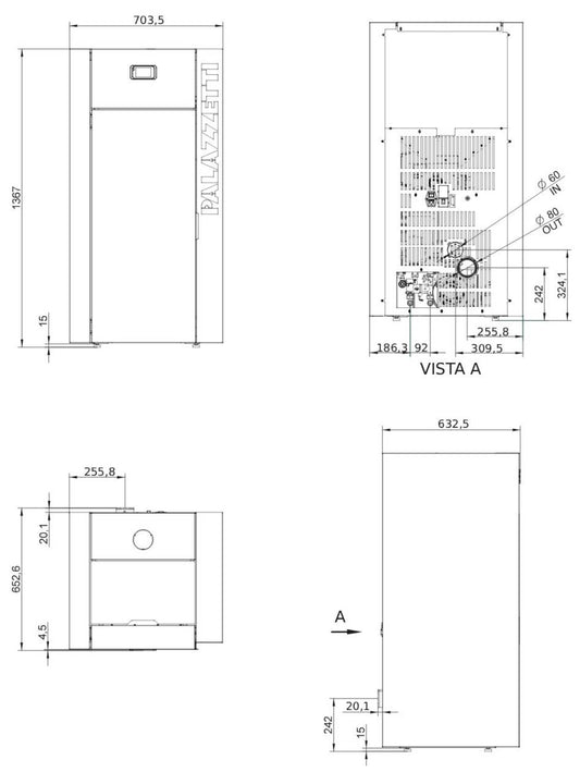 Palazzetti JPS TC 18 Caldaia a Pellet Ermetica Potenza 16 Kw Focolare Turbolatori Gruppo Idraulico Display Digitale Programmabile Combustione Totale Sistema Autopulizia Totale Braciere Tubi di Scambio Canalizzazione Esterna Aria Comburente 70x63 H137 cm