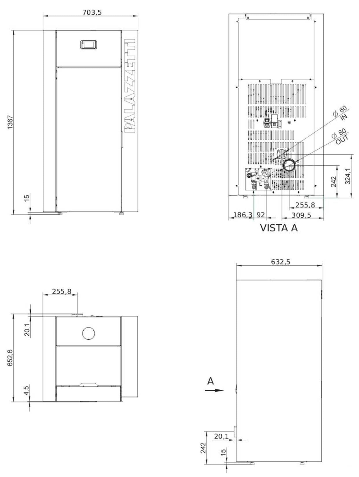 Palazzetti JPS TC 25 Caldaia a Pellet Ermetica Potenza 23 Kw Focolare Turbolatori Gruppo Idraulico Display Digitale Programmabile Combustione Totale Sistema Autopulizia Totale Braciere Tubi di Scambio Canalizzazione Esterna Aria Comburente 70x63 H137 cm