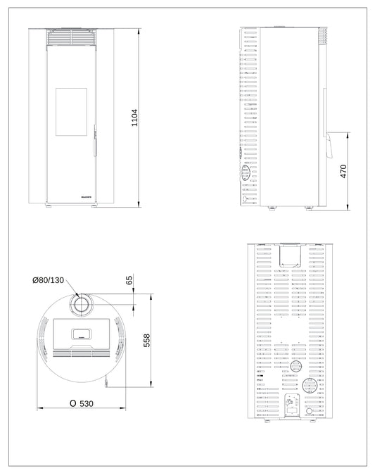 Palazzetti Emily TC 9 US Stufa Pellet Ermetica Aria Calda Ventilata Frontale Regolabile Potenza 9 Kw Rivestimento Acciaio Colore Nero Forma Circolare Uscita Fumi Coassiale Superiore Combustione Totale Pulizia Automatica Braciere Cassetto L53xP53xH110 cm