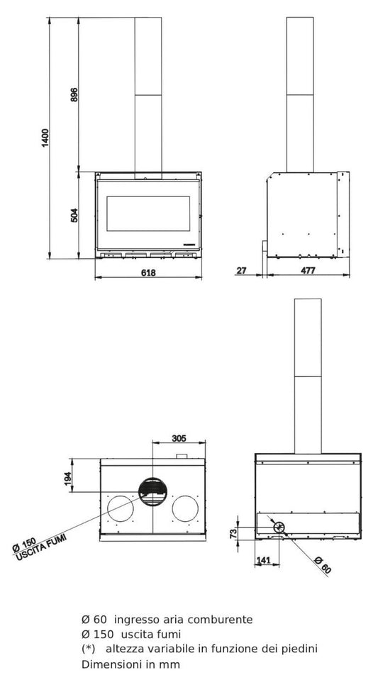 Palazzetti Ecopalex GTM70SP Inserto Camino Caminetto Da Inserimento Legna Aria Calda Convezione Naturale Canalizzabile Potenza 9,4Kw Focolare Thermofix® Catalizzatore O2Brick Base Ghisa Maniglia Amovibile Cassetto Cenere Deflettore Fumi Misura 62x50x50 cm