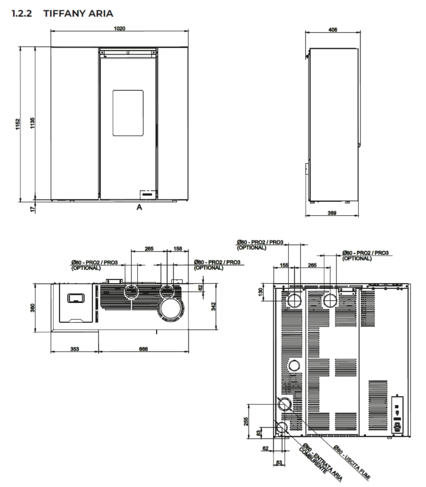 Palazzetti Tiffany TC Aria 10 Stufa a Pellet Salvaspazio Ermetica Ventilata Regolabile Canalizzabile Potenza 10,2 Kw Rivestimento Acciaio Caffellatte Forma Slim Uscita Fumi Posteriore Pannello Digitale Combustione Totale Cassetto Braciere 101x34 H117 cm