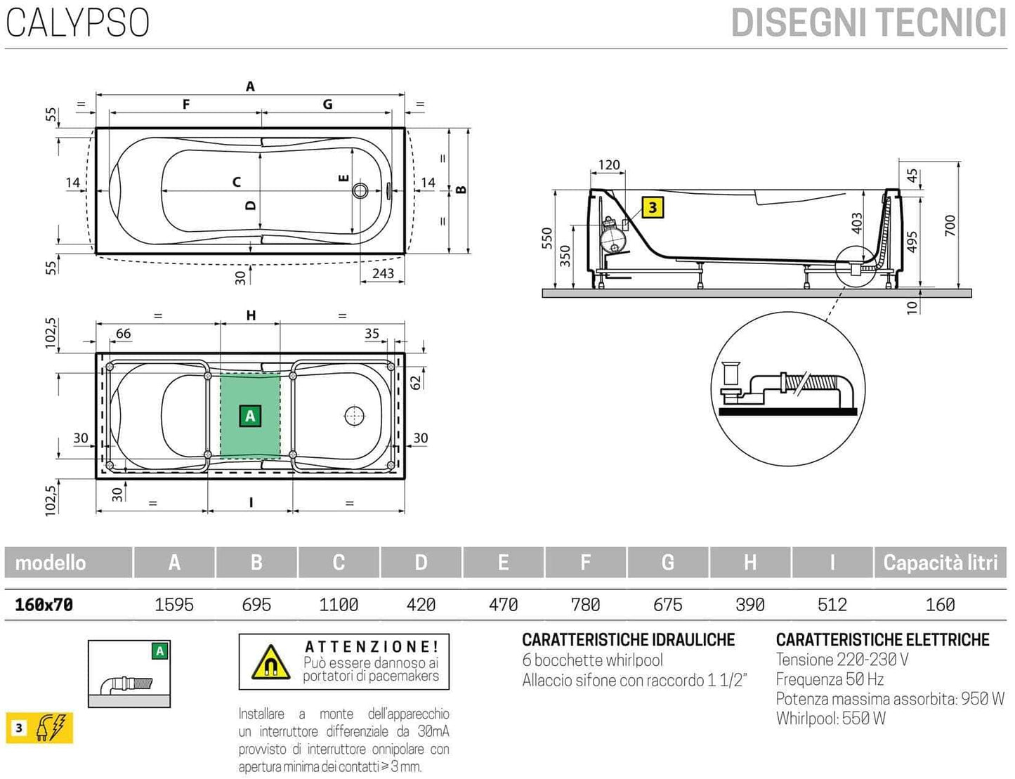 Novellini Calypso Vasca da Bagno Versione Hydro Con Disinfezione Misura 160x70 H55 cm Idro Whirlpool 6 Getti Installazione Sinistra Forma Esterna Rettangolare Interna ad Otto Senza Pannelli Materiale Acrilico Colore Bianco Lucido Colonna Poggiatesta