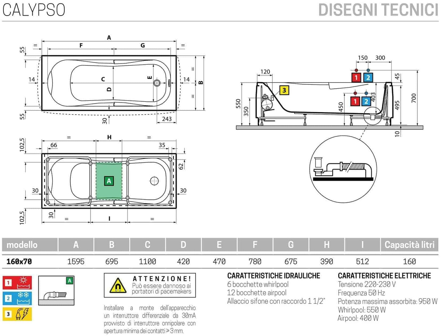 Novellini Calypso Vasca Bagno Versione Hydro Plus Misura 160x70 H55 cm Idromassaggio Whirlpool 6 Getti Disinfezione Airpool 12 Jets Installazione Sinistra Forma Esterna Rettangolare Interna ad Otto 3 Pannelli Colore Bianco Lucido Colonna Rubinetto Cuscino