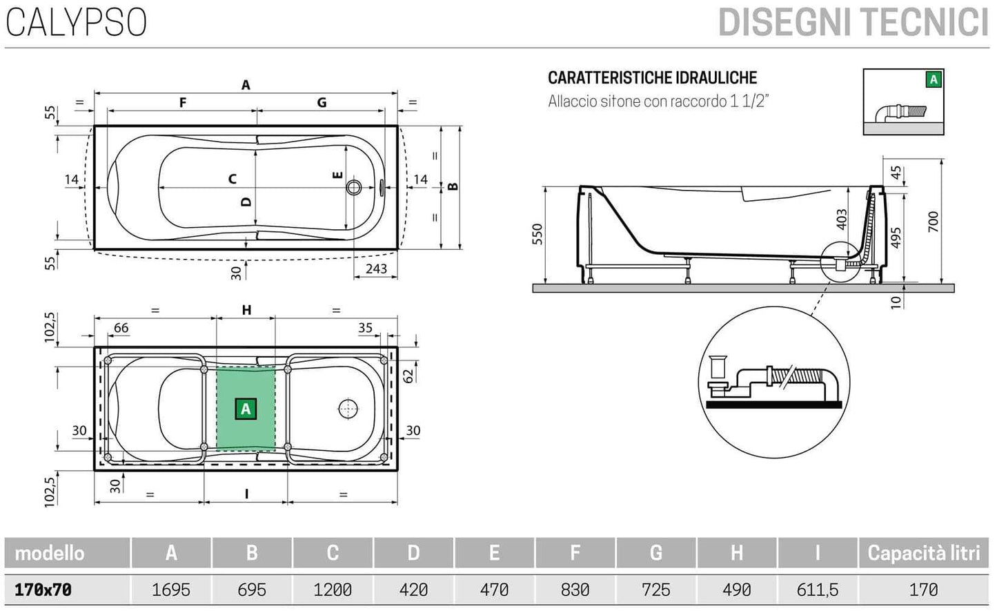 Novellini Calypso Vasca da Bagno Versione Standard con Telaio Misura 170x70 Altezza 55 cm Installazione Reversibile Forma Esterna Rettangolare Interna ad Otto 1 Pannello Frontale 2 Laterali Materiale Acrilico Colore Bianco Lucido Colonna Poggiatesta