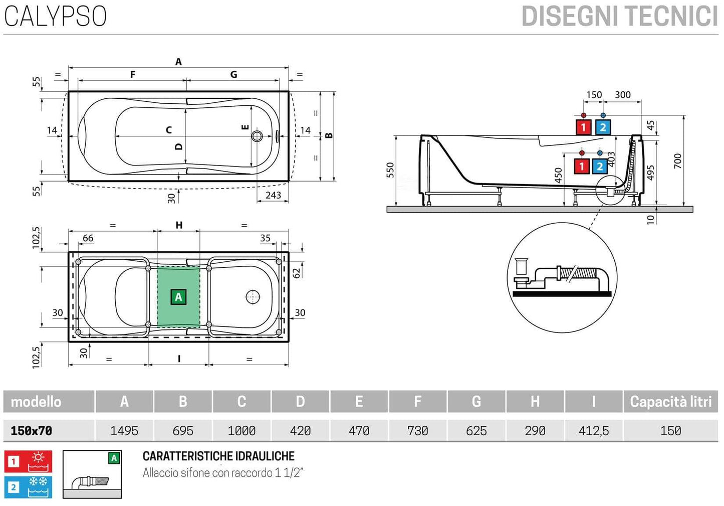 Novellini Calypso Vasca da Bagno Versione Standard con Telaio Misura 150x70 Altezza 55 cm Installazione Reversibile Forma Esterna Rettangolare Interna ad Otto 1 Pannello Frontale 1 Laterale Materiale Acrilico Colore Bianco Lucido Colonna Rubinetto Cuscino