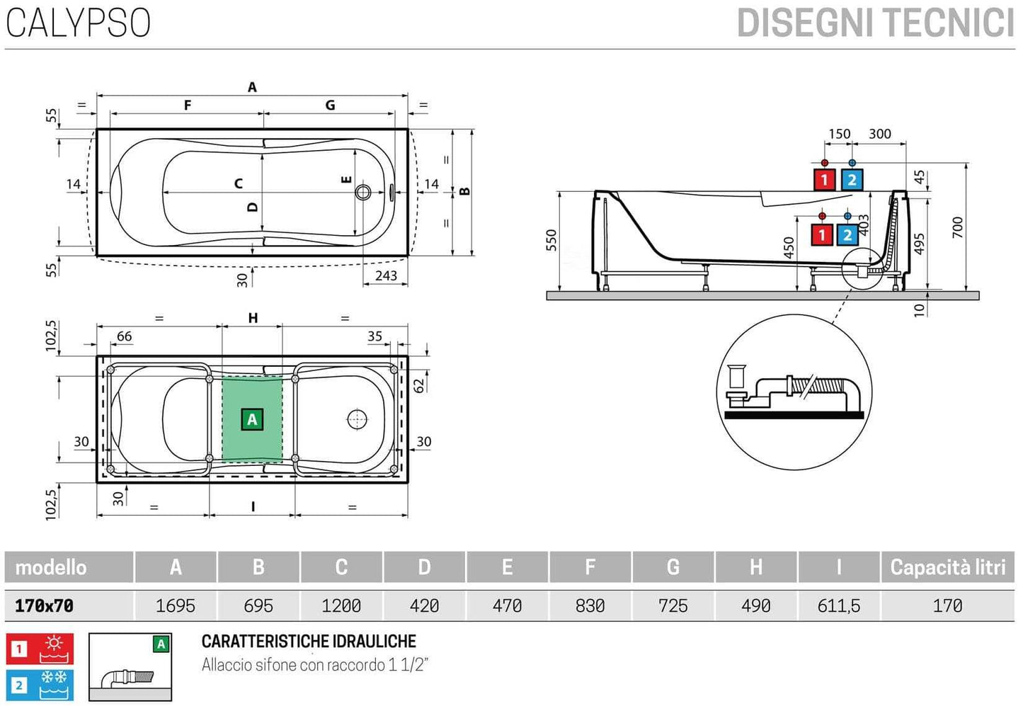 Novellini Calypso Vasca da Bagno Versione Standard con Telaio Misura 170x70 Altezza 55 cm Installazione Reversibile Forma Esterna Rettangolare Interna ad Otto 1 Pannello Frontale 1 Laterale Materiale Acrilico Colore Bianco Lucido Colonna Rubinetto Cuscino