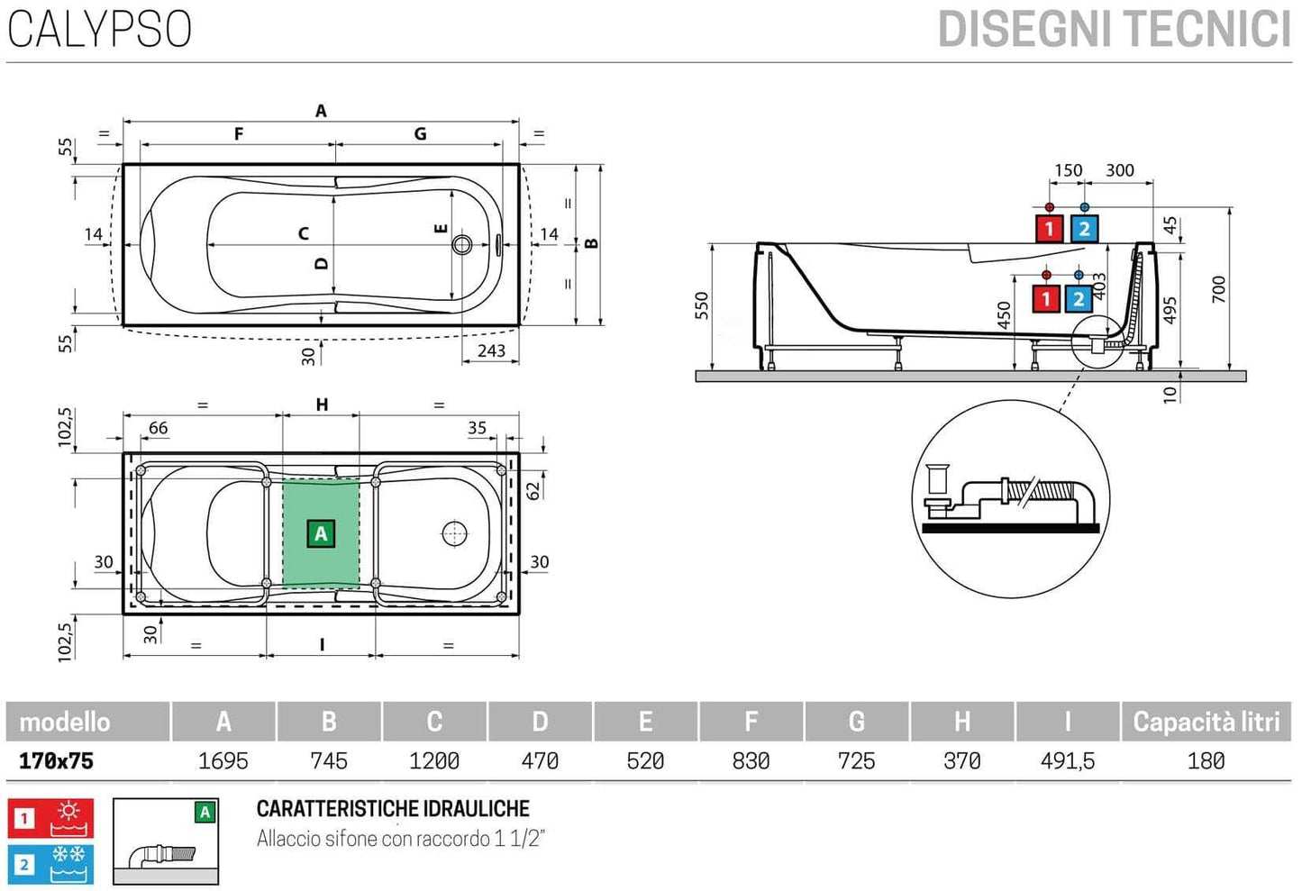 Novellini Calypso Vasca da Bagno Versione Standard con Telaio Misura 170x75 Altezza 55 cm Installazione Reversibile Forma Esterna Rettangolare Interna ad Otto 1 Pannello Frontale 1 Laterale Materiale Acrilico Colore Bianco Lucido Colonna Rubinetto Cuscino