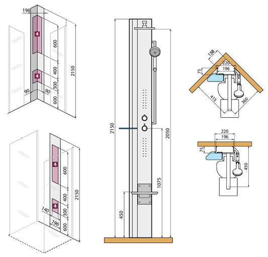 Colonna Doccia Novellini Line 1 Idromassaggio Idro Attrezzata Miscelatore Termostatico Colore Sedile Bianco Opaco Fascia Mensola Silver Soffione Pioggia 200x200 mm Ripiano Porta Oggetti Doccetta Mano Installabile Angolo Parete Misura 22x57,5xH215 cm