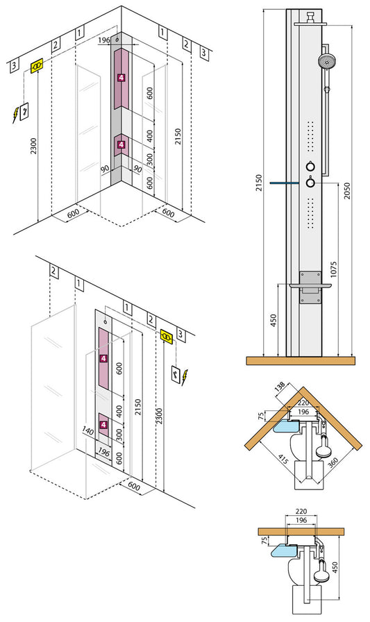 Colonna Doccia Novellini Line 1 Light Idro Idromassaggio Led Attrezzata Miscelatore Meccanico Colore Sedile Bianco Opaco Fascia Mensola Tortora Soffione 200x200 mm Ripiano Porta Oggetti Doccetta Installabile Angolo Parete Misura 22x57,5xH215 cm