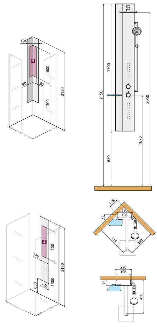 Colonna Doccia Novellini Line 2 Idromassaggio Idro Attrezzata Miscelatore Meccanico Colore Bianco Opaco Fascia Mensola Tortora Soffione Pioggia 200x200 mm Ripiano Porta Oggetti Doccetta Mano Installabile Angolo Parete Misura 22x57,5xH150 cm