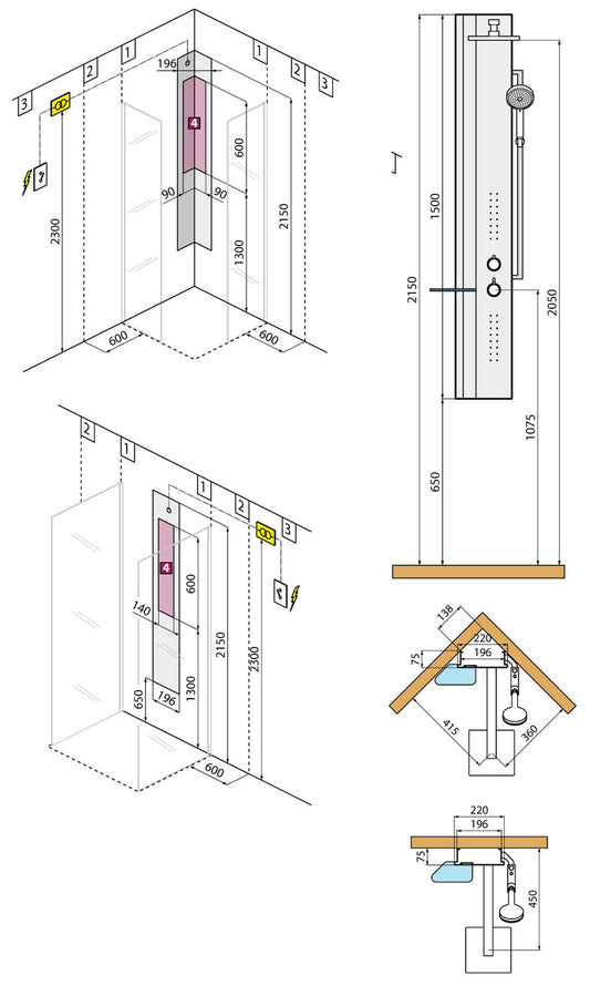 Colonna Doccia Novellini Line 2 Light Idro Idromassaggio Led Attrezzata Miscelatore Meccanico Colore Argento Fascia Mensola Nero Opaco Soffione 200x200 mm Ripiano Porta Oggetti Doccetta Installabile Angolo Parete Misura 22x57,5xH150 cm