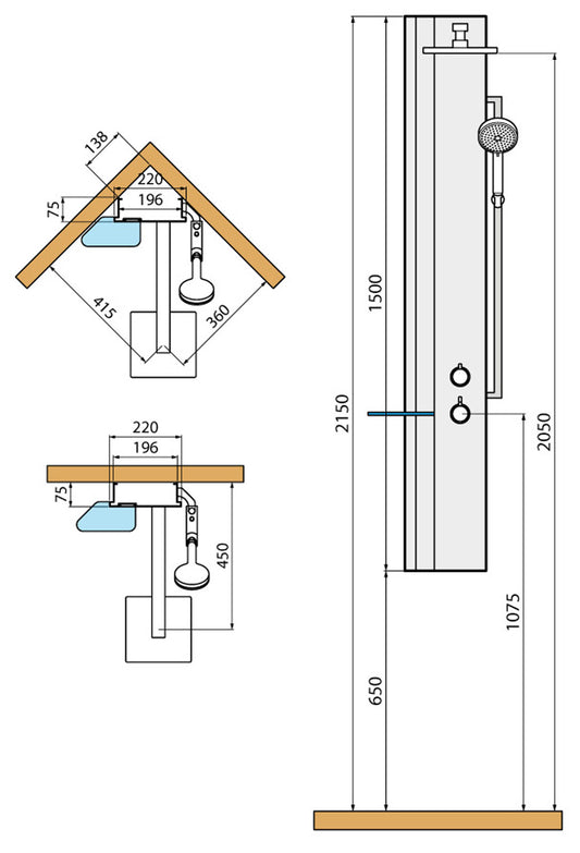 Colonna Doccia Novellini Line 2 Standard Attrezzata Miscelatore Termostatico Colore Nero Opaco Fascia Mensola Tortora Soffione Pioggia 200x200 mm Ripiano Porta Oggetti Doccetta Mano Flessibile Installabile Angolo Parete Misura 22x57,5xH150 cm