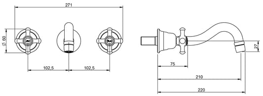 Rubinetterie Treemme 3M OLD ITALY RWIT 4452 CC 50 + RWIT 3A60 ZZ 02 Miscelatore Gruppo Lavabo Incasso A Muro 210 mm 3 Fori Materiale Ottone Finitura Cromata