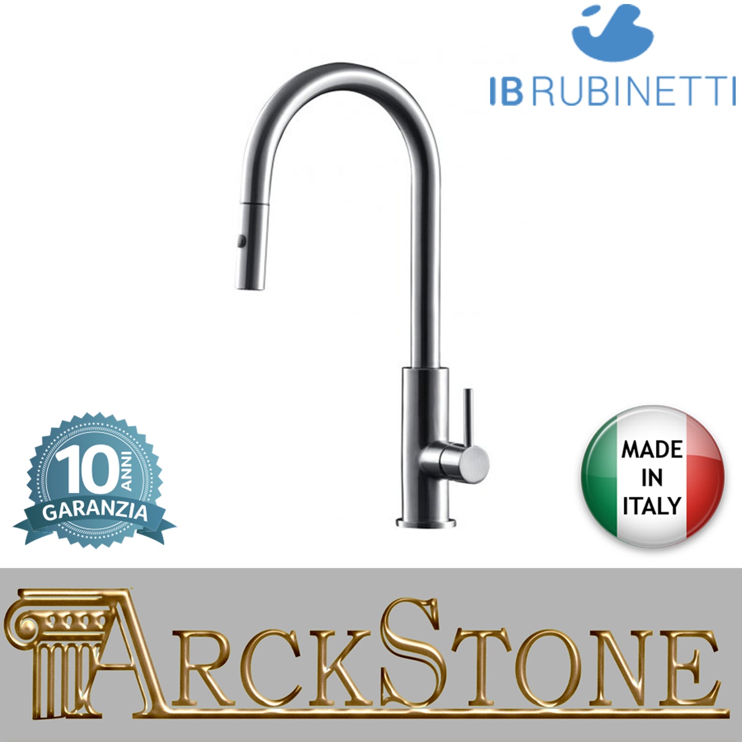 Miscelatore lavello Monoforo doccetta estraibile leva laterale marca IB rubinetti modello Serie Acciaio Materiale Acciaio Finitura Nickel spazzolato rubinetteria cucina rivenditore autorizzato fontana campania garanzia 10 anni azienda certificata made in