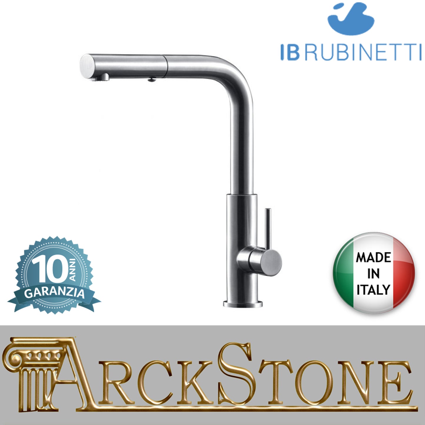 Miscelatore lavello Monoforo doccetta estraibile leva laterale marca IB rubinetti modello Serie Acciaio Materiale Acciaio Finitura Nickel Spazzolato rubinetteria cucina rivenditore autorizzato fontana campania garanzia 10 anni azienda certificata made in