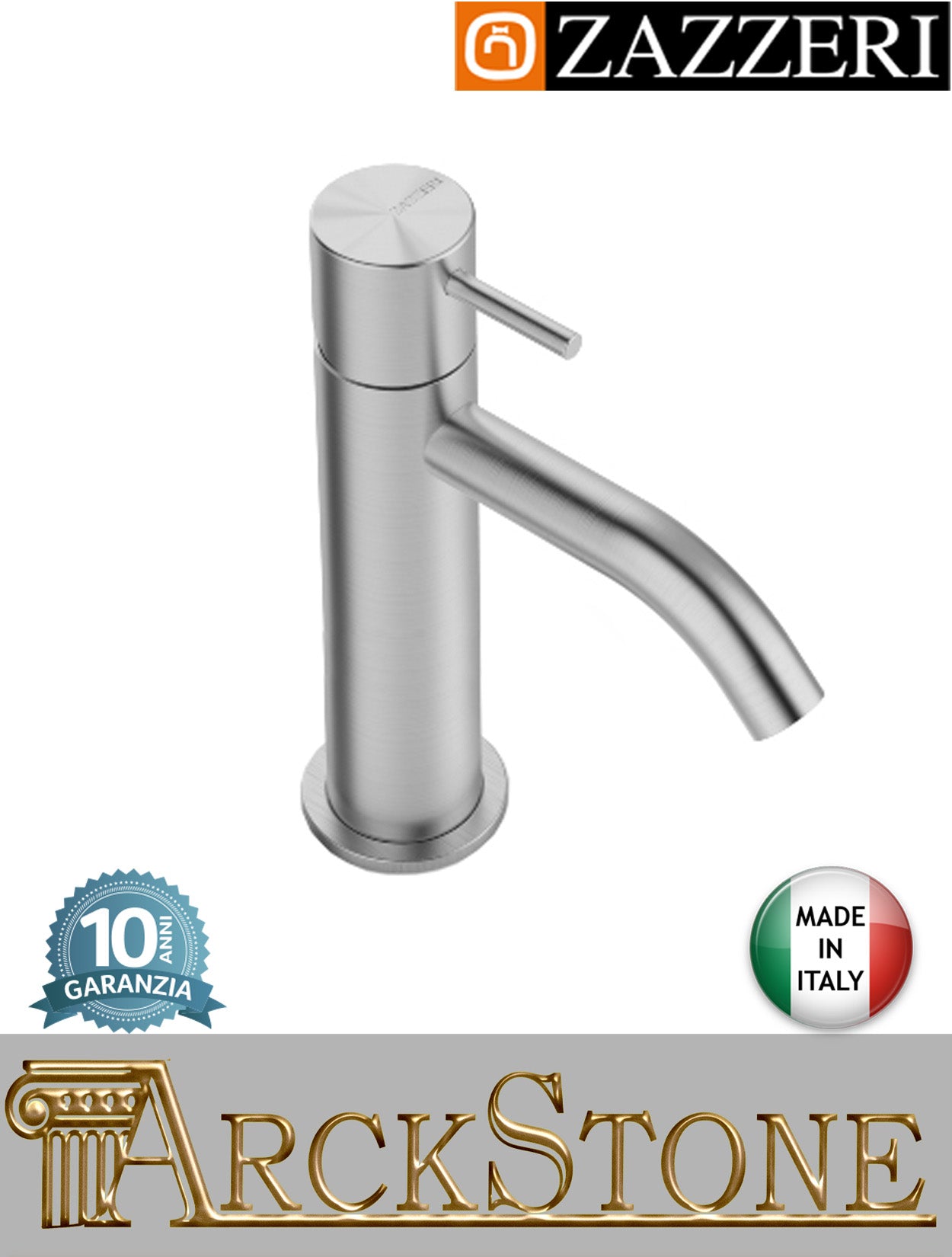 Miscelatore lavabo 110xh80 mm marca Zazzeri modello Z316 Mono finitura acciaio inox spazzolato senza scarico fontana rubinetto rubinetteria acqua arredo bagno appoggio monoforo mix garanzia 10 anni qualità made in italy