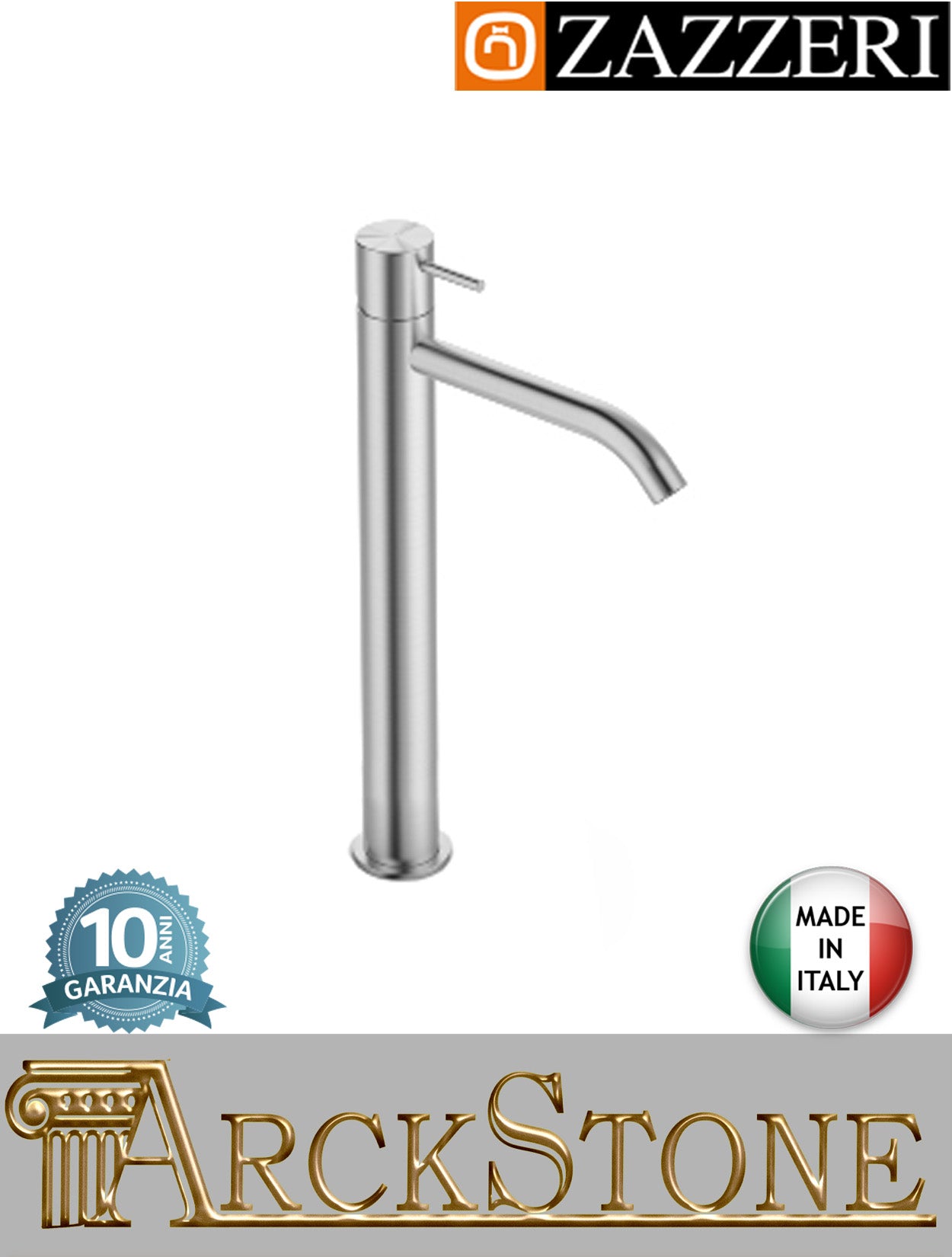 Miscelatore lavabo 160xh240 mm marca Zazzeri modello Z316 Mono finitura acciaio inox spazzolato senza scarico fontana rubinetto rubinetteria acqua arredo bagno appoggio monoforo mix garanzia 10 anni qualità made in italy