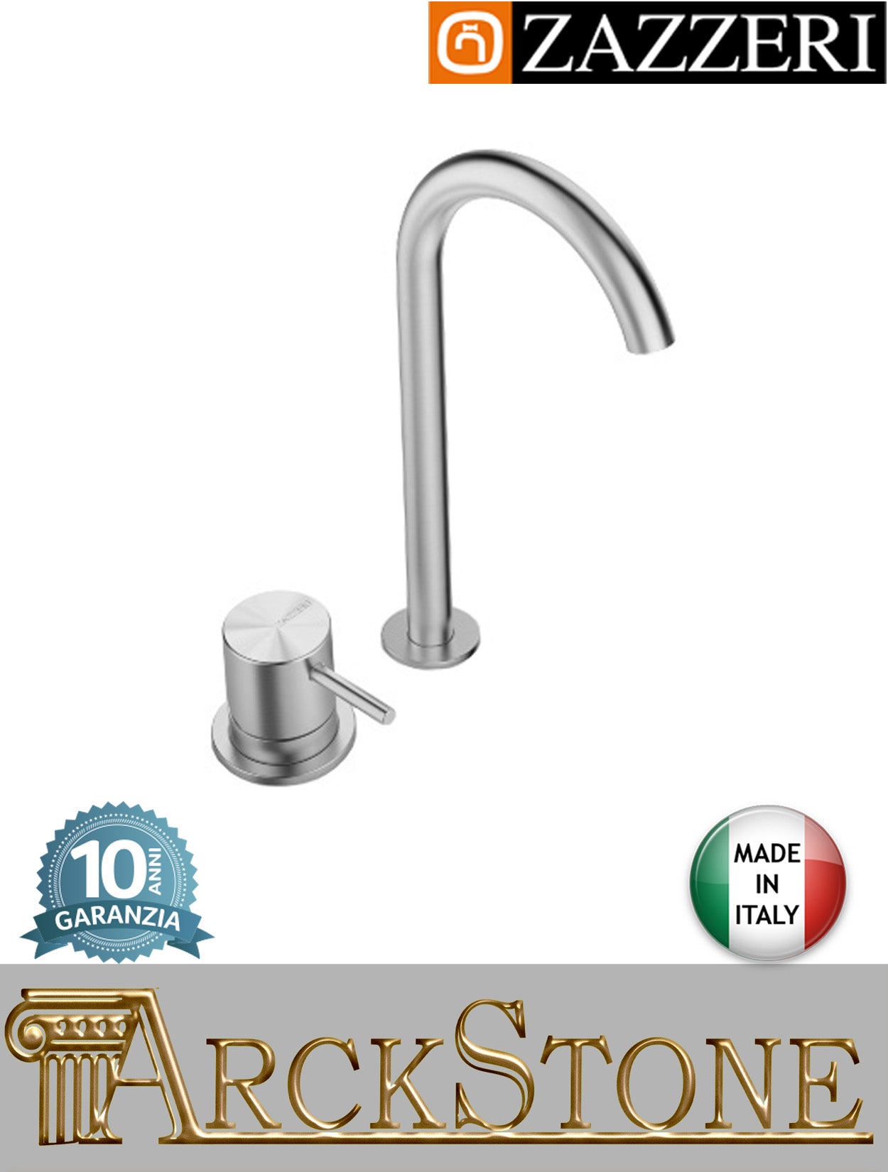 Miscelatore lavabo 145xh245mm marca Zazzeri modello Z316 Mono finitura acciaio inox spazzolato senza scarico fontana rubinetto rubinetteria arredo bagno acqua bocca girevole piano appoggio due fori mix garanzia 10 anni