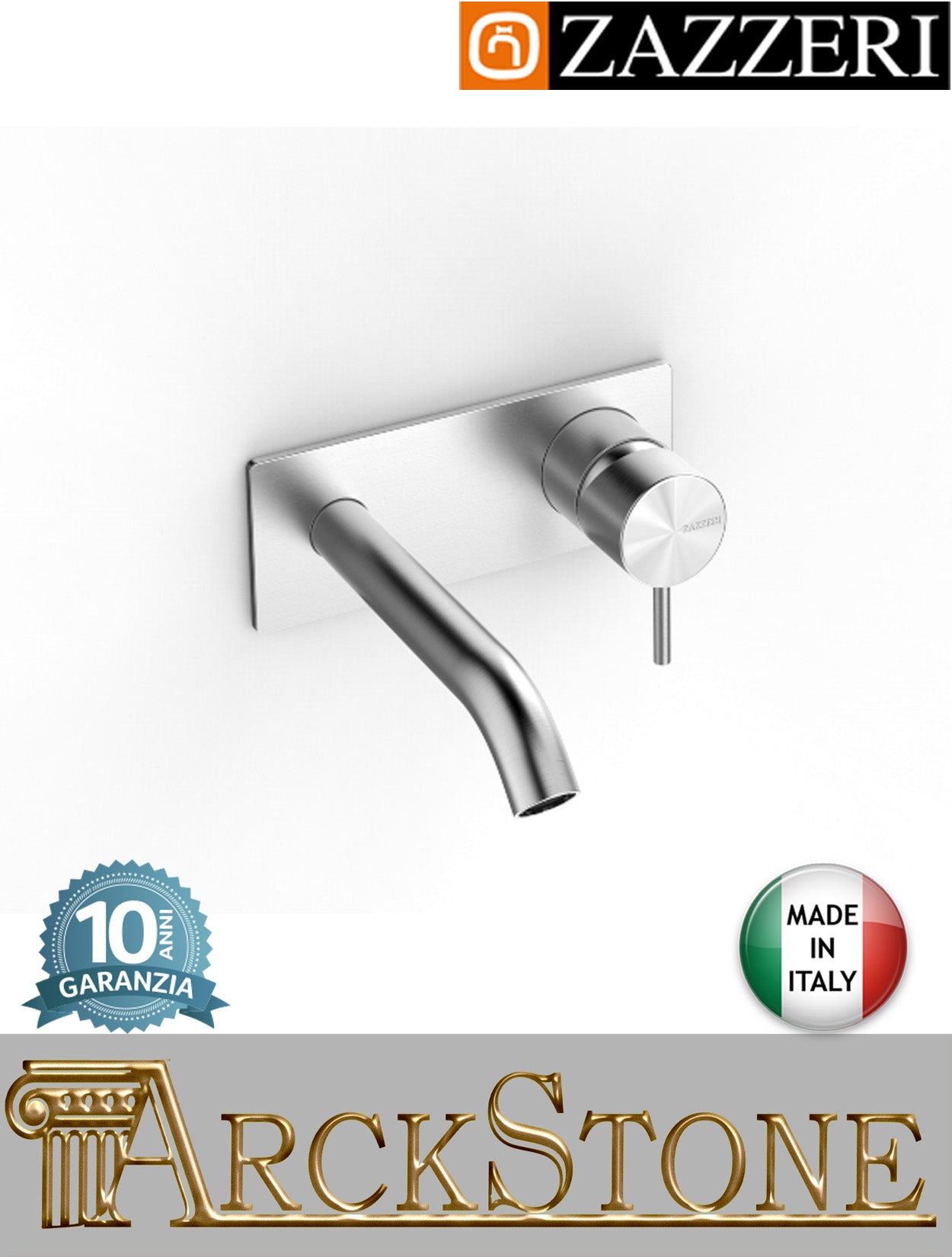 Miscelatore lavabo marca Zazzeri modello Z316 Mono finitura acciaio inox spazzolato parete incasso senza scarico fontana rubinetto getto 160 mm rubinetteria muro arredo bagno completo mix acqua garanzia 10 anni