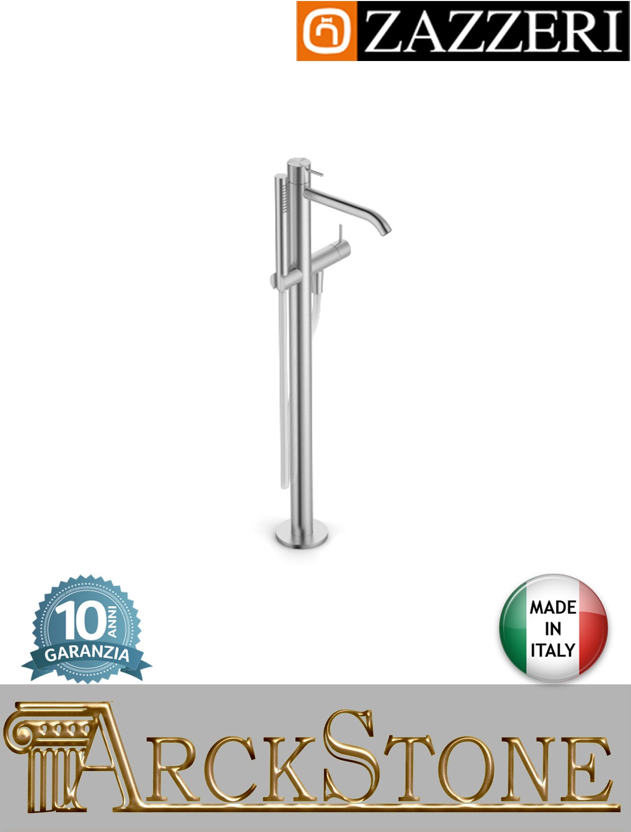 Miscelatore vasca marca Zazzeri modello Z316 Mono finitura acciaio inox spazzolato colonna pavimento doccetta flessibile supporto rubinetto rubinetteria mix fontana arredo bagno garanzia 10 anni qualità made in italy