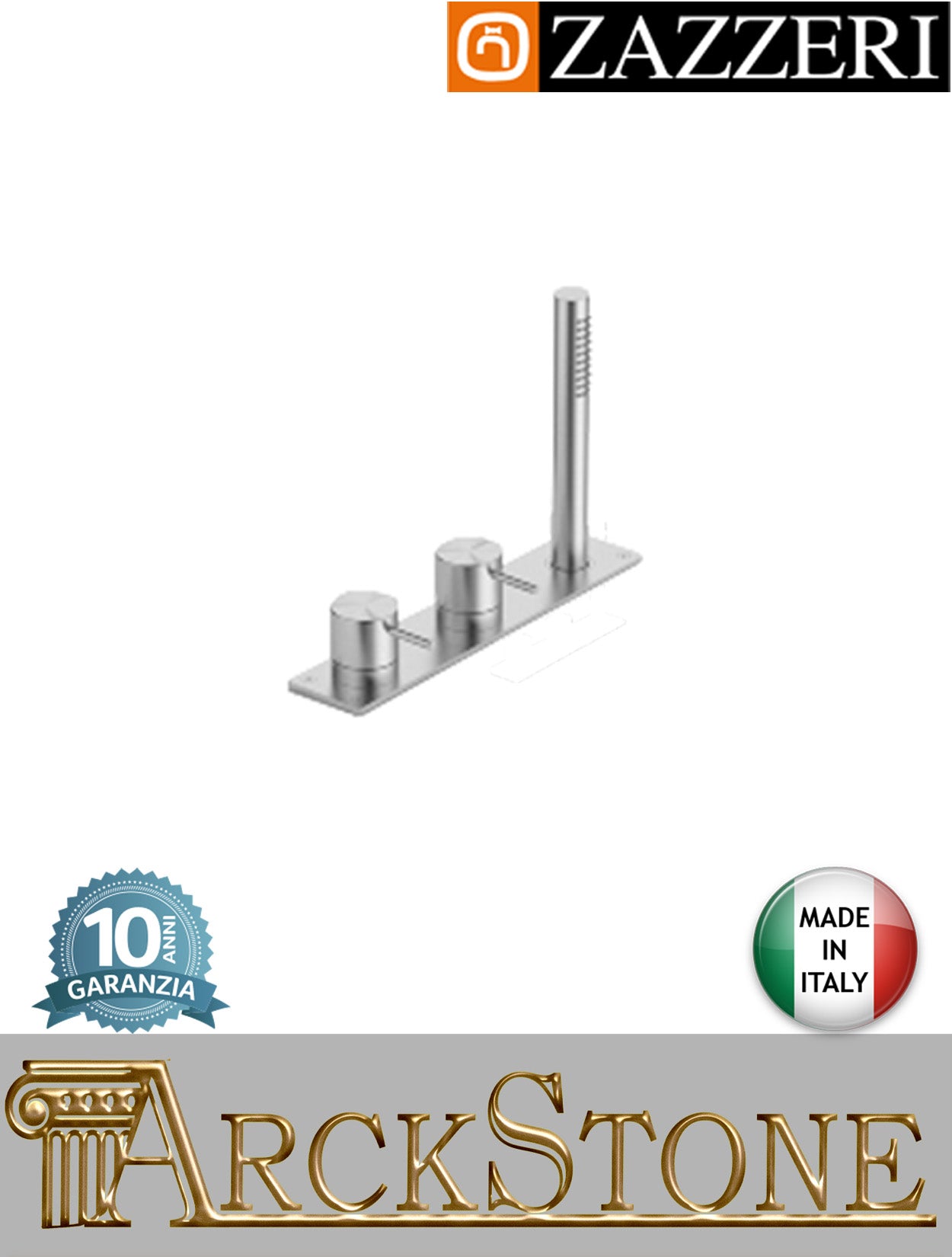Miscelatore vasca marca Zazzeri modello Z316 Mono finitura acciaio inox spazzolato piano appoggio 3 fori rubinetteria doccetta flessibile fontana senza getto mix batteria rubinetto garanzia 10 anni qualità made in italy