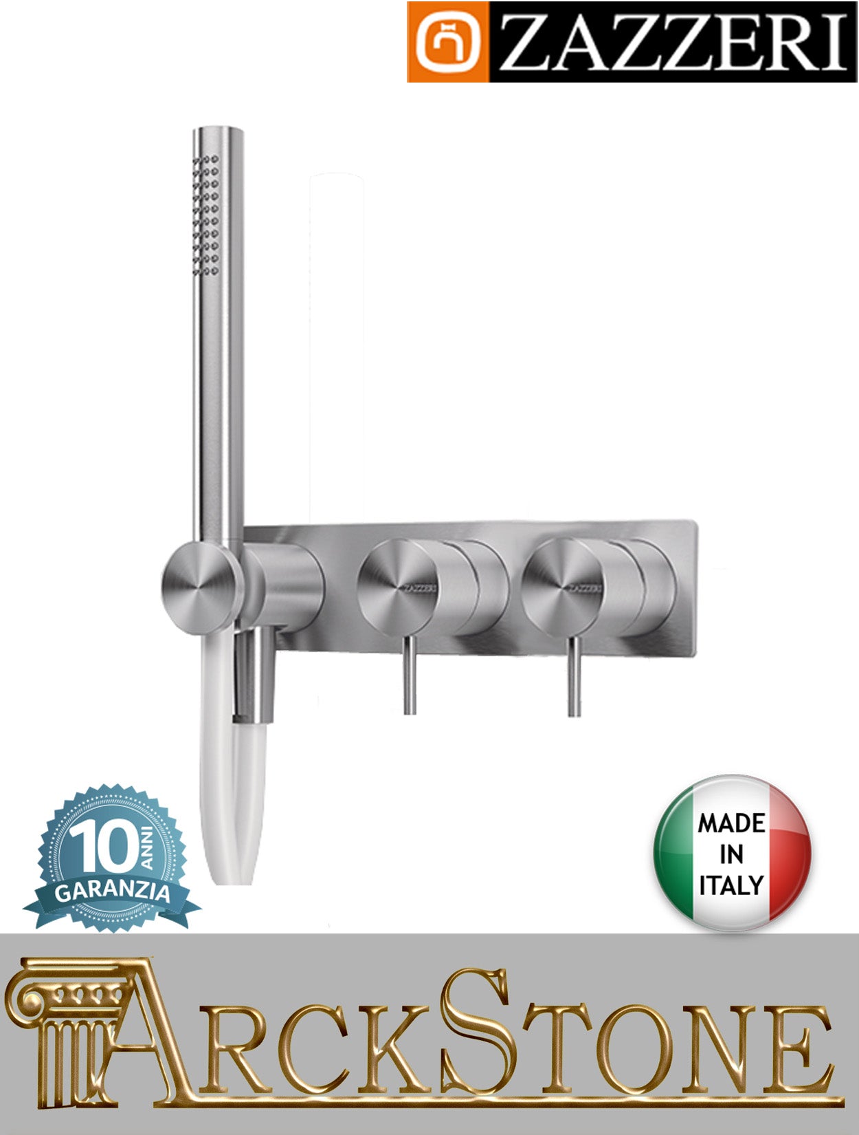 Miscelatore doccia marca Zazzeri modello Z316 Mono finitura acciaio inox spazzolato parete incasso completo doccetta flessibile attacco presa acqua muro deviatore rubinetteria mix garanzia 10 anni qualità