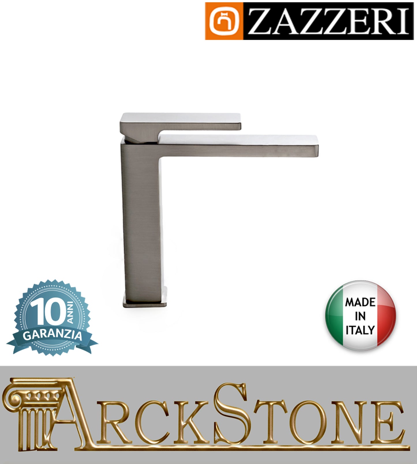 Miscelatore lavabo 170xh177 mm marca Zazzeri modello Qquadro senza piletta scarico completo ECO finitura acciaio spazzolato appoggio rubinetto rubinetteria arredamento cromo arredo bagno casa garanzia 10 anni made in italy