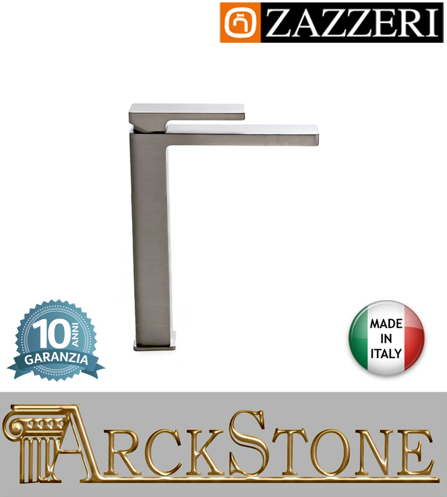 Miscelatore lavabo 170xh267 mm marca Zazzeri modello Qquadro senza piletta scarico completo ECO finitura acciaio spazzolato appoggio rubinetto rubinetteria arredamento cromo arredo bagno casa garanzia 10 anni made in italy