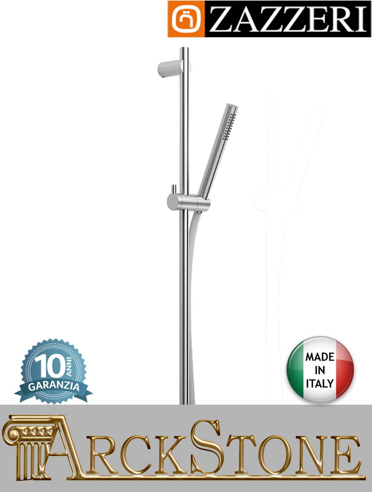 Asta saliscendi marca Zazzeri modello Z316 Mono finitura acciaio inox spazzolato parete set doccia docetta stilo supporto flessibile presa acqua muro arredo bagno rubinetteria acqua garanzia 10 anni qualità made in