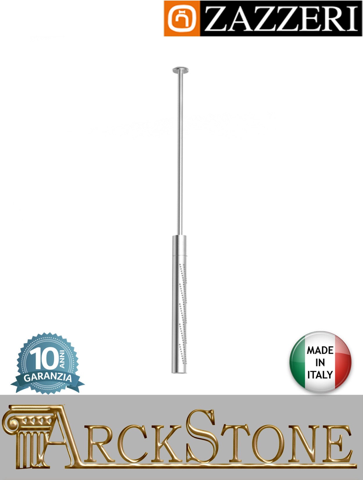 Soffione doccia marca Zazzeri modello Z316 Mono finitura acciaio inox spazzolato girevole verticale soffitto FlyFall completo anticalcare rubinetteria arredamento arredo bagno acqua garanzia 10 anni qualità made in
