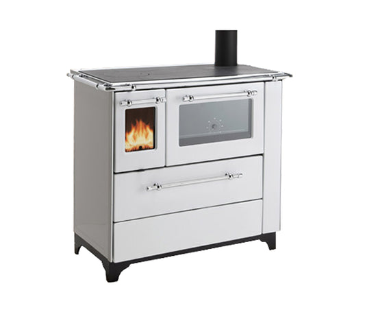 Royal Palazzetti Betty 4,5 Cucina Stufa Legna Forno Riscaldamento Aria Convezione Naturale Irraggiamento Focolare Refrattario Doppia Combustione Raccordo Fumi Posteriore Superiore Laterale Termometro Piano Cottura Rivestimento Colore Bianco Potenza 6,3KW