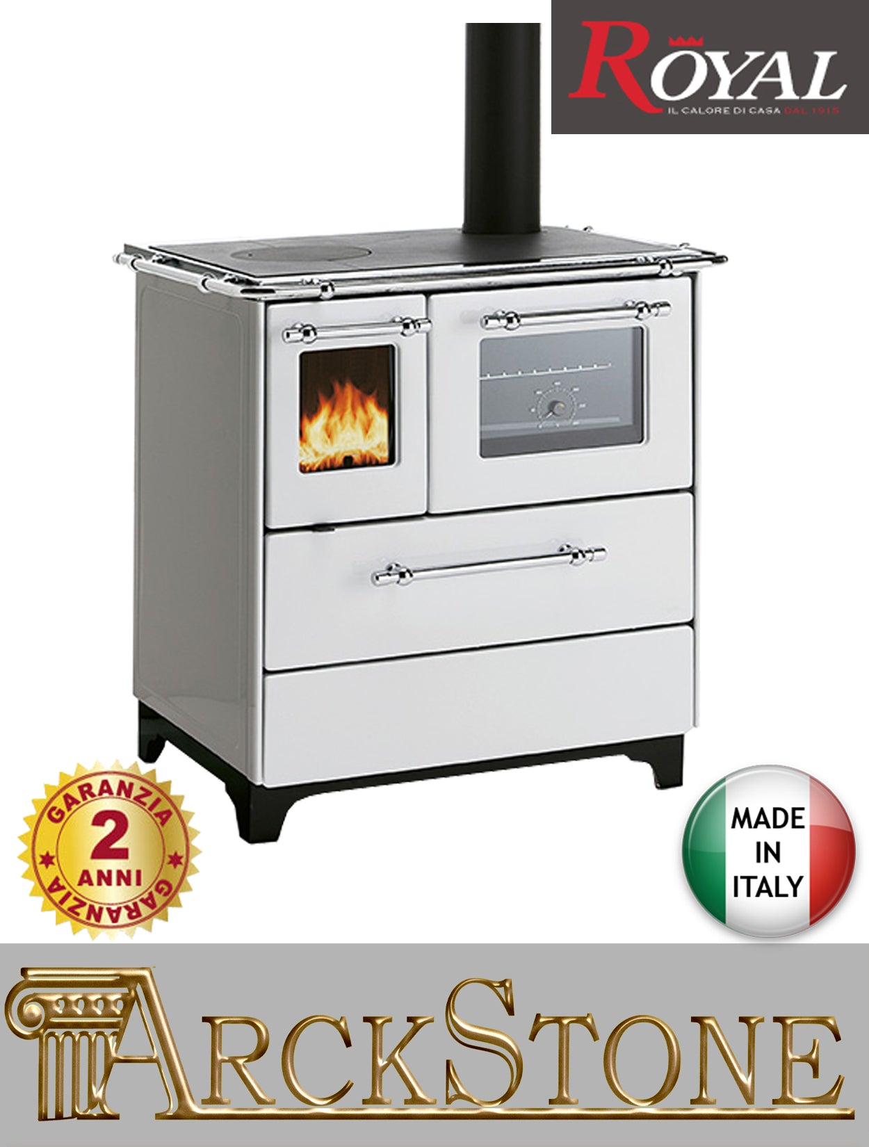 Royal Palazzetti Betty 3,5 Cucina Stufa a Legna con Forno Riscaldamento ad Aria Naturale Irraggiamento in Acciaio Smaltato Bianco 6,3 KW