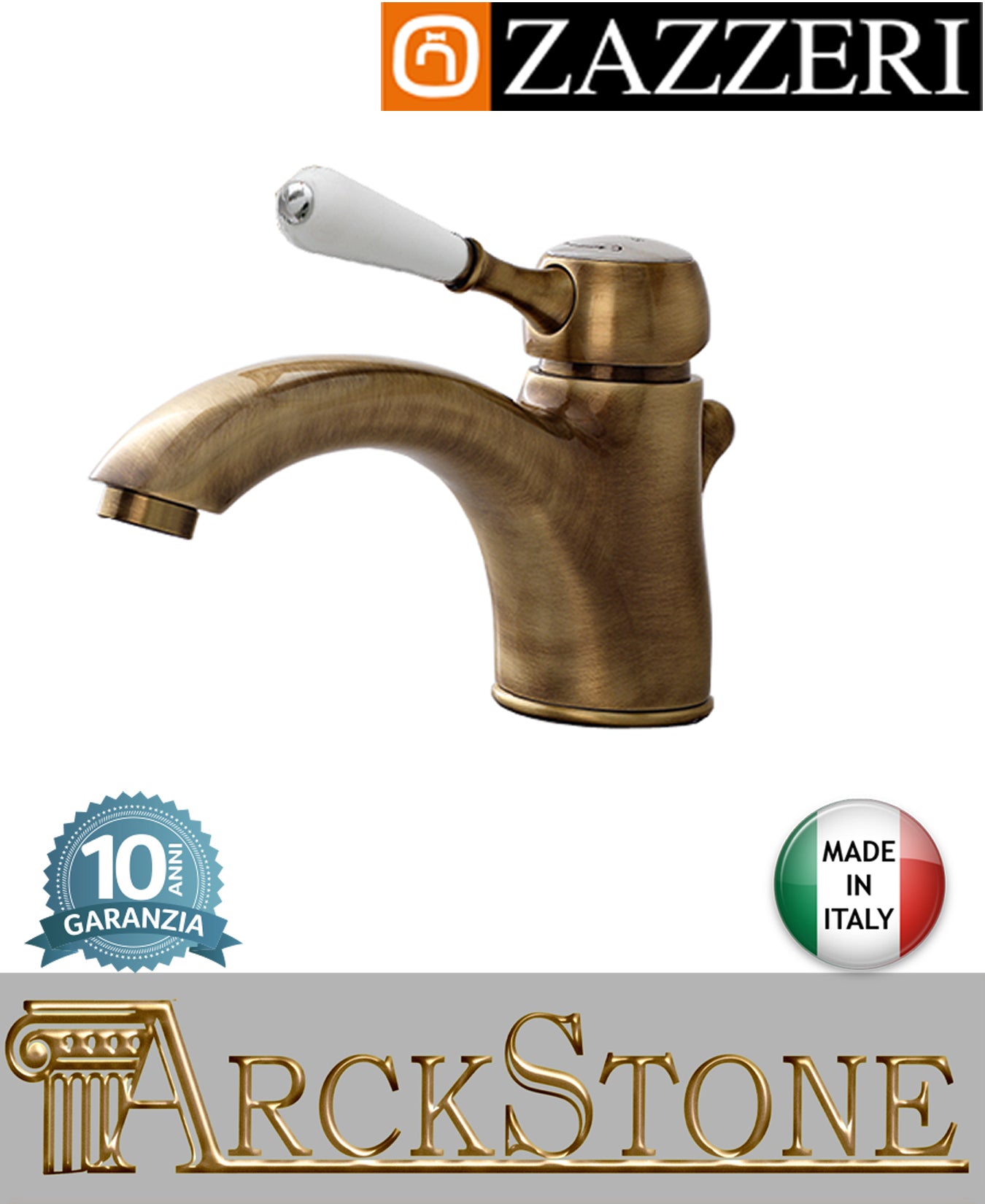 Miscelatore lavabo marca Zazzeri modello 902 finitura ottone brunito appoggio monoforo leva bianca scarico automatico L145 x H54 mm rubinetto fontana mix rubinetteria azienda arredo bagno garanzia 10 anni qualità ma