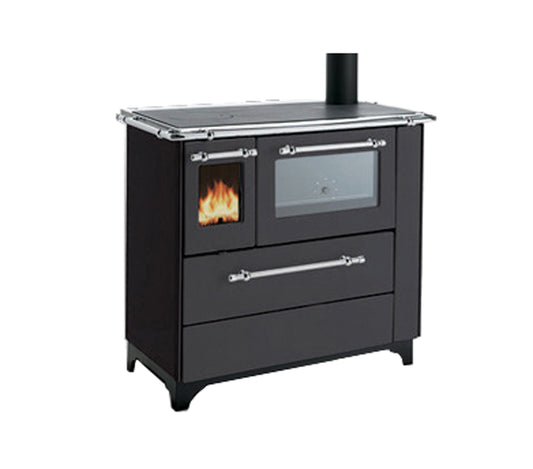 Royal Palazzetti Betty 4,5 Cucina Stufa Legna Forno Riscalda Aria Convezione Naturale Irraggiamento Focolare Refrattario Doppia Combustione Raccordo Fumi Posteriore Superiore Laterale Termometro Piano Rivestimento Colore Canna di Fucile Potenza 6,3 KW