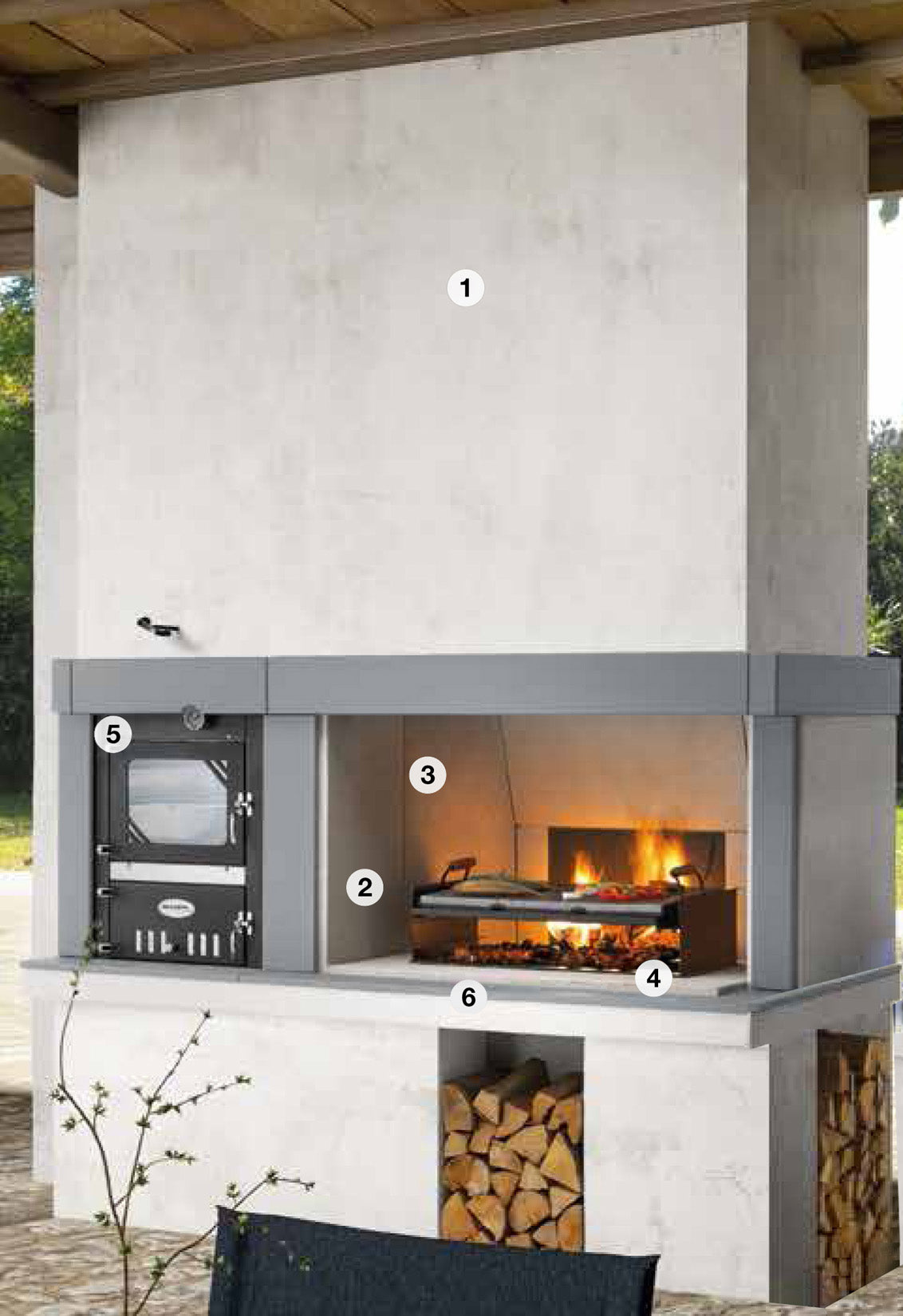 Palazzetti in Giardino Linosa Modulo Grill con Forno in Acciaio Camera Combustione Cottura Camino Focolare Elevato Spessore Barbecue Legna Piano Fuoco 116x70 Cassetto Cenere Basamento in Marmotech (graniglia di Marmo) Misura 219x101xh232 cm 1800 kg