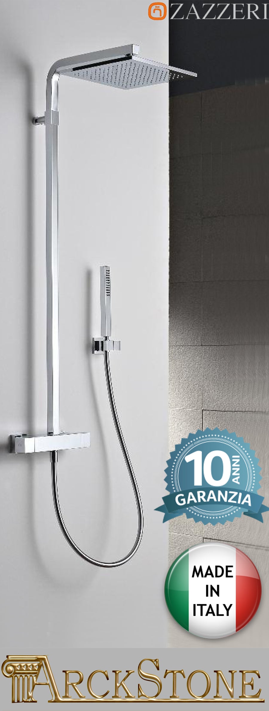 Colonna doccia marca Zazzeri modello Qquadro doccetta soffione 220 mm miscelatore termostatico anticalcare flessibile deviatore finitura cromata parete arredo bagno garanzia 10 anni azienda certificata qualità made in italy