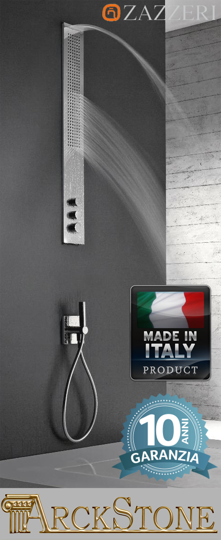 Colonna doccia due pezzi multifunzione attrezzata acciaio Inox Lucido marca Zazzeri modello Obliqua idromassaggio idro quattro uscite Flyfall incasso miscelatore rubinetto termostatica soffione piano anticalcare cascata bagno flessibile PVC getti