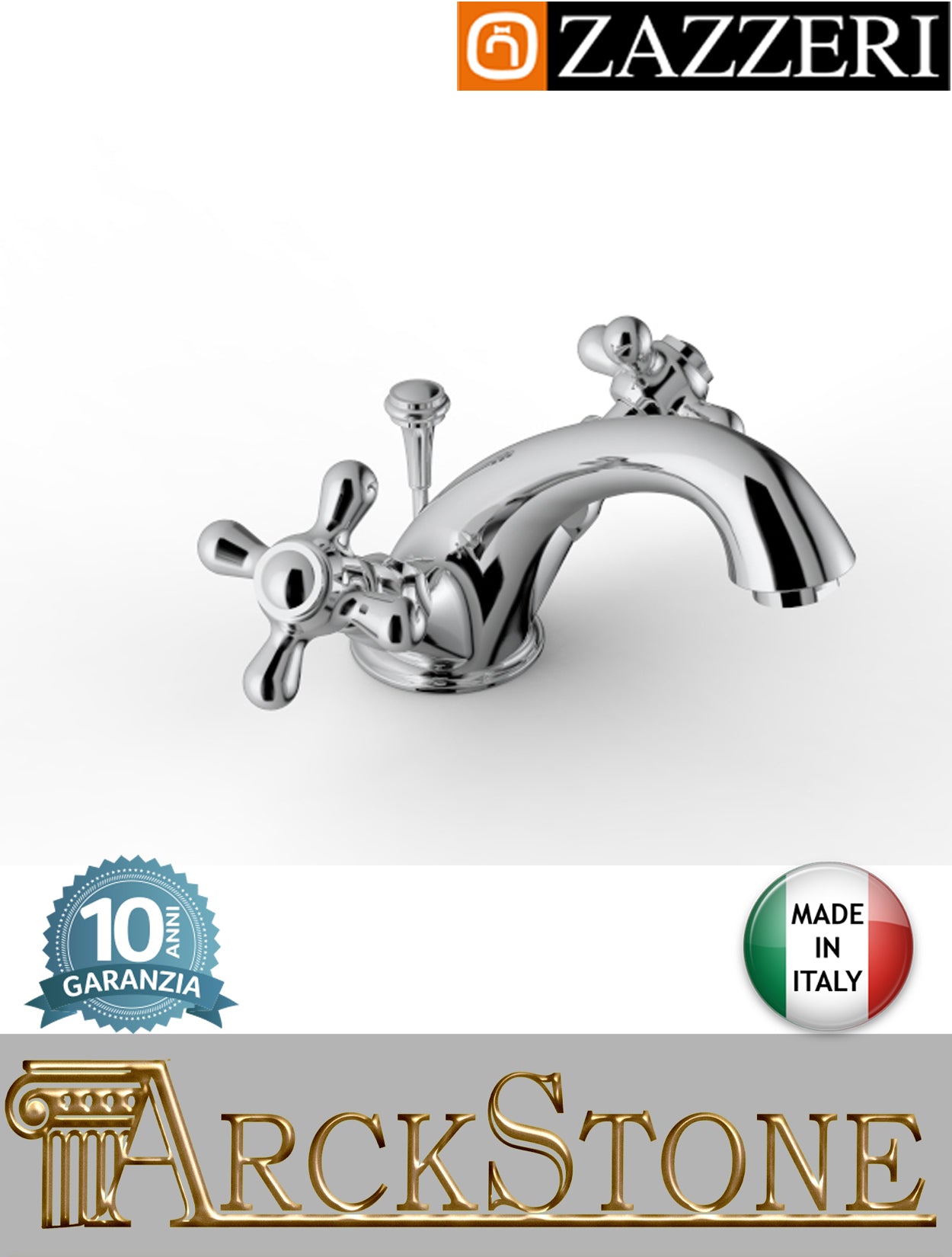 Miscelatore lavabo marca Zazzeri modello 800 finitura ottone cromato appoggio monoforo vitone tradizionale piletta scarico automatico L127 x H70 mm rubinetto azienda certificata casa rubinetteria fontana acqua mix garanzia 10 anni qualità made in italy