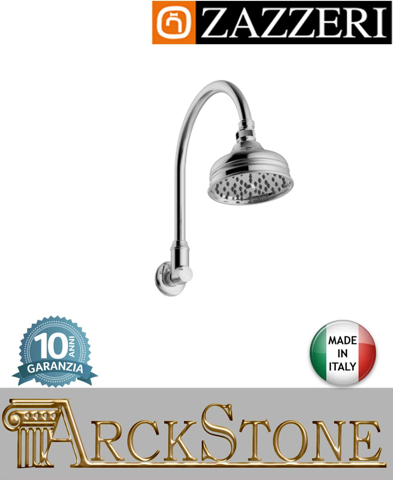 Braccio doccia 265 mm soffione Ø120 mm marca Zazzeri modello 800 finitura cromata parete tondo rubinetteria girevole cromo arredamento casa arredo bagno azienda design classico garanzia 10 anni qualità made in italy